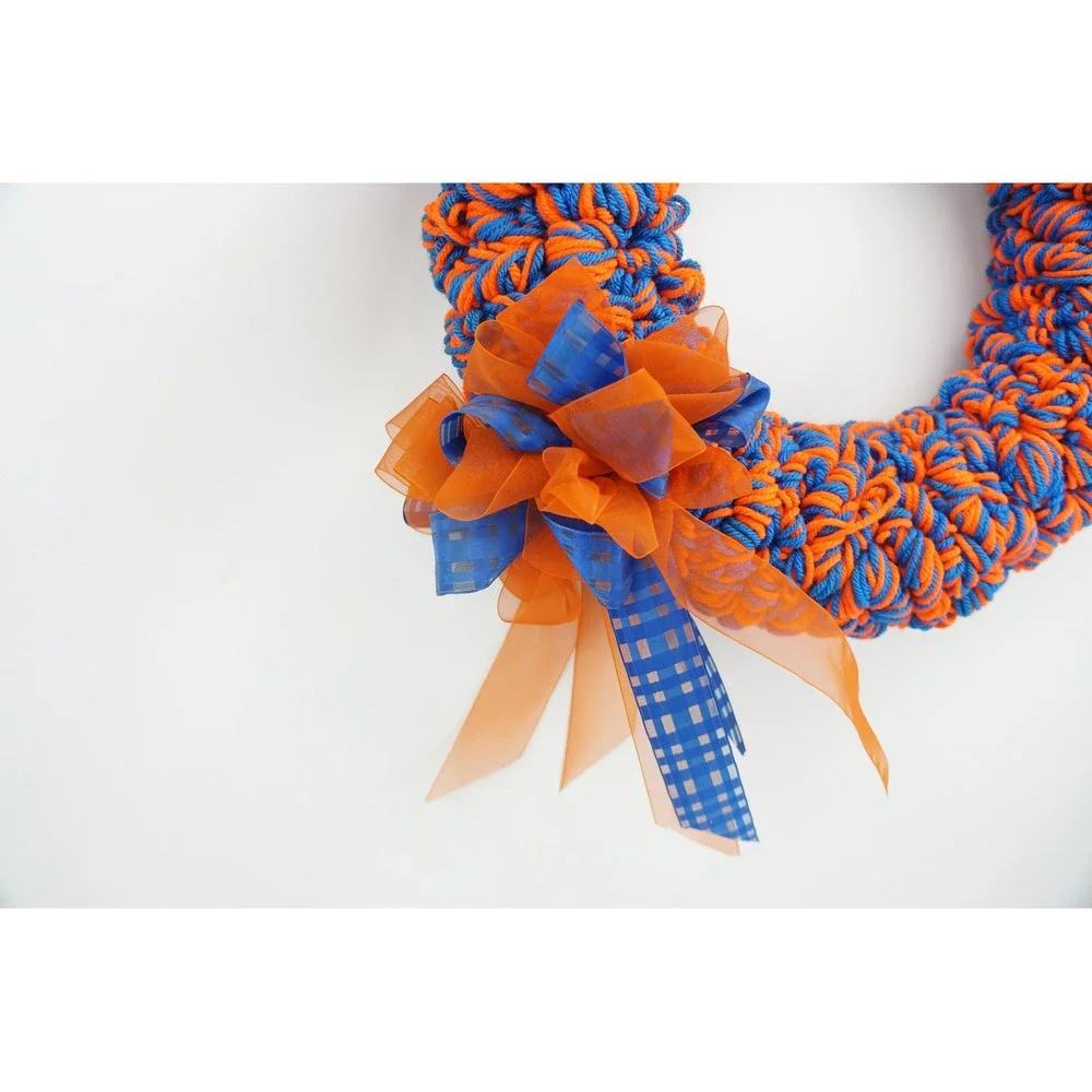 Handmade Yarn Wreath 15.5in Orange Blue Door Decor Florida Gators Football EUC
